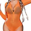 Avidlove Womens Mesh Bodysuit Long Sleeve Snap Crotch Bodysuit See Through Zipper Sheer Leotards Sexy Bodysuit Tops (Medium, Orange)