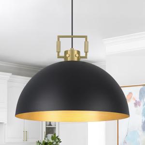 16" Farmhouse Pendant Light Fixture for Kitchen Island Black and Gold Large Dome Chandelier Light Modern Industrial Pendant Light Fixtures for Kitchen Island, Hallway, Dining Room, Bedroom (16'' x 1 PCS)
