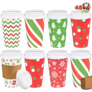 JOYIN 48 Pcs 16 oz Christmas Disposable Cups with Sleeves and Lids, 6 Designs Xmas Drinking Paper Cup For Hot Chocolate Coffee Cold Beverage Holiday Tableware Winter Party Supplies Favors