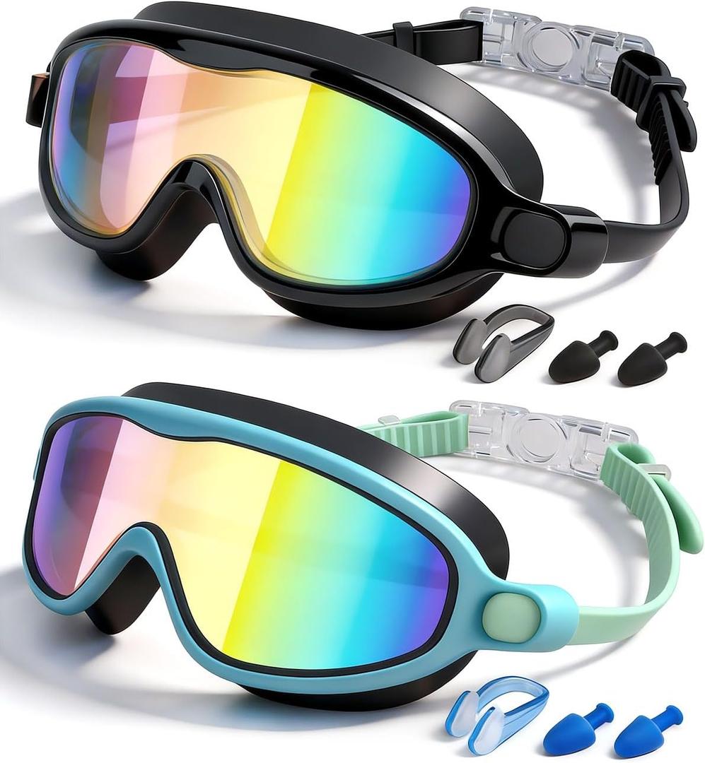 Rantizon Swim Goggles 2 Pack, Wide View Anti Fog&UV Swimming Goggles for Audlt, No Leak Pool Beach Essentials for Men Women