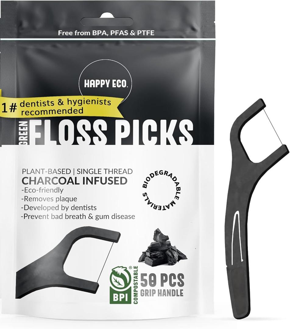 Biodegradable Floss Picks (100pcs) - Natural Dental Floss - Nontoxic Plant Based Floss Sticks for Adults & Kids - Vegan Tooth Pick Flossers - Single Thread Charcoal