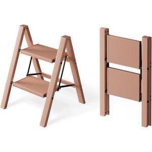 2 Step Ladder, Aluminum Lightweight Folding 2 Step Stool with Anti-Slip Wide Pedal,330lbs Capacity Steel Ladder for Office and Household(Light Peach Pink)