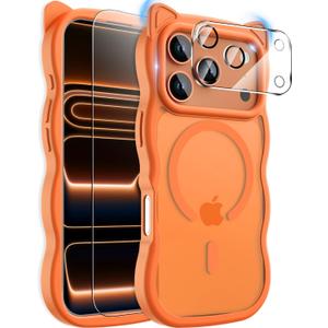 3 in 1 Magnetic for iPhone 17 Pro Max Case for Women Girls,1X Screen Protector+1X Camera Lens Protector,Compatible with MagSafe,Translucent Matte,Cute Cat-ear Wavy Phone Case,6.9",Bright Orange