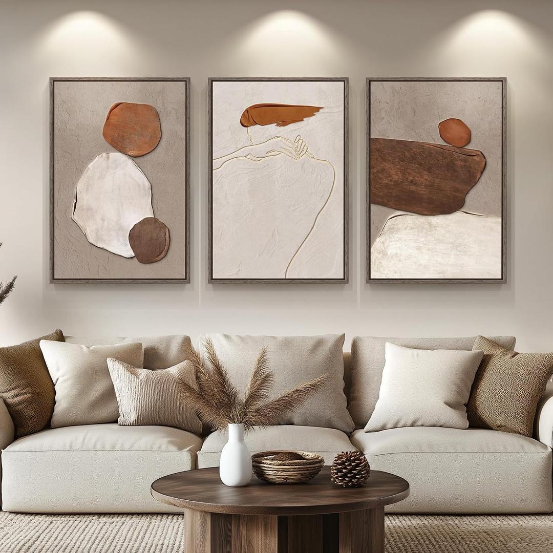 Large Framed Neutral Abstract Wall Art for Living Room, Set of 3 Rustic Beige Brown Canvas Prints Paintings Artwork for Walls, Minimalist Stone Pictures for Hallway Stair Office Wall Decor 24x36 Inch, 24" W x 36" H x 3Pcs