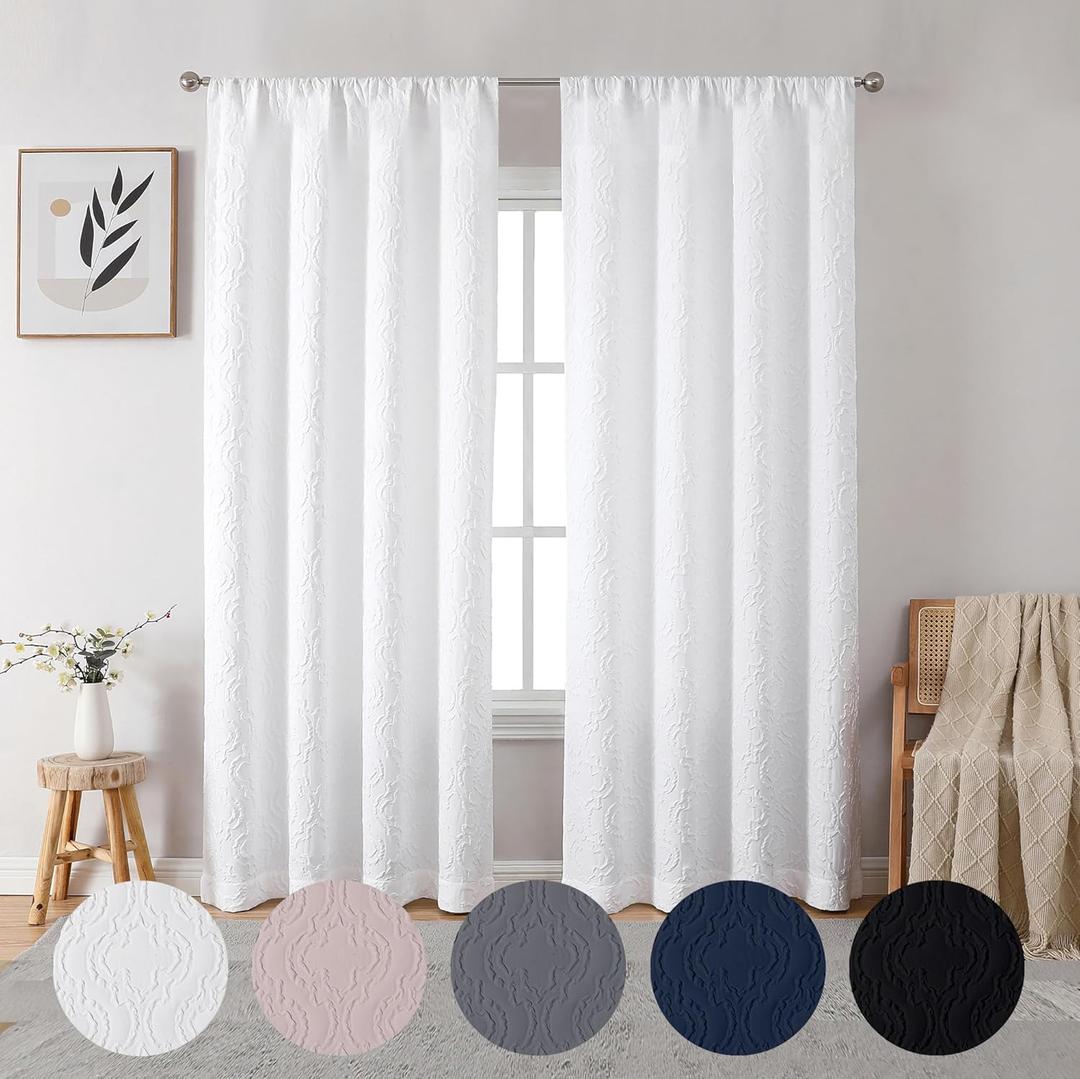 OVZME Doven White Semi Curtains 84 inch Length 2 Panels Set, Rod Pocket Semi Balance Privacy & Light Filtering, 3D Embossed Privacy Curtains  Drapes for Bedroom/Living Room, (W52 x L84, White)
