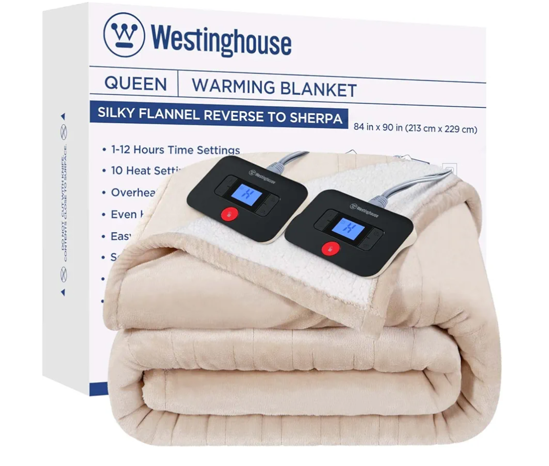 Westinghouse Electric Blanket Queen, Heated Blanket Queen Size with 10 Heating Levels and 1 to 12 Hours Heating Time Settings, Flannel to Sherpa Reversible, Machine Washable (84" x 90", Beige)