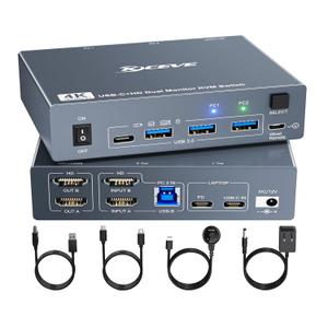 KVM Switch 2 Monitors for 1 Laptop and 1 Desktop 4K@60Hz, USB C HDMI Dual Monitor KVM Switch, Docking Station KVM Switches with 4 USB 3.0 Port, 80W PD Charging, Wired Remote and USB-C Cable Included