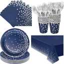 Serve 25 Guests Navy Blue Plates and Napkins Party Supplies,Blue and Silver Birthday Plates Napkins Cups Tablecloth Disposable