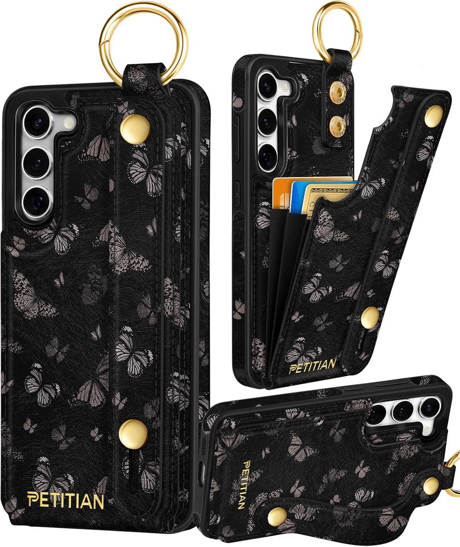 Petitian for Samsung Galaxy S23 Case with Wallet - Women Girls Cute Girly Aesthetic Unique Design Leather Credit Card Holder Cardholder Stand Wristband for S23, Black Butterfly