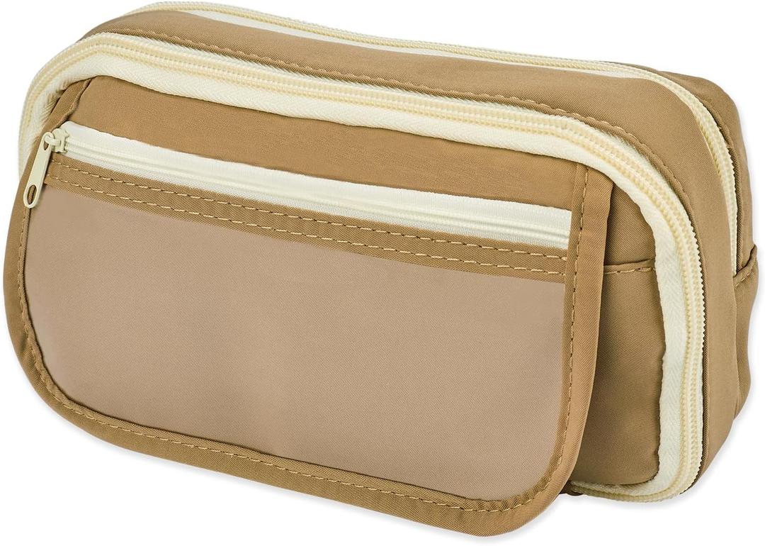 Pencil Case - Flip Cover Large Capacity Aesthetic Pencil Pouch with Sturdy Zipper, Mesh Stationery Organizer Pen Pouch with Compartments for College, office, Travel, for Women Men(Brown)