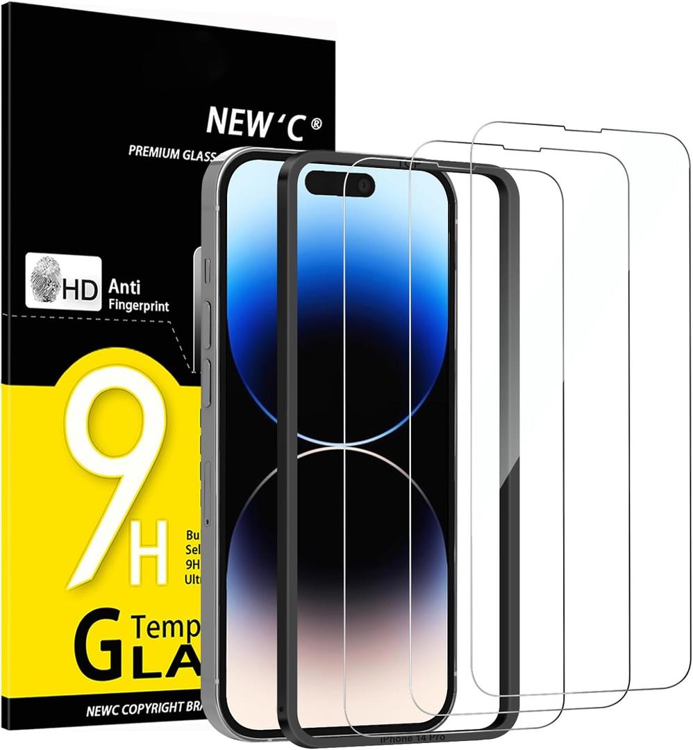 NEW'C 3 Pack Designed for iPhone 14 Pro Screen Protector (6.1 inches), Tempered Glass with easy installation tool included,Case Friendly Ultra Resistant (Transparent)