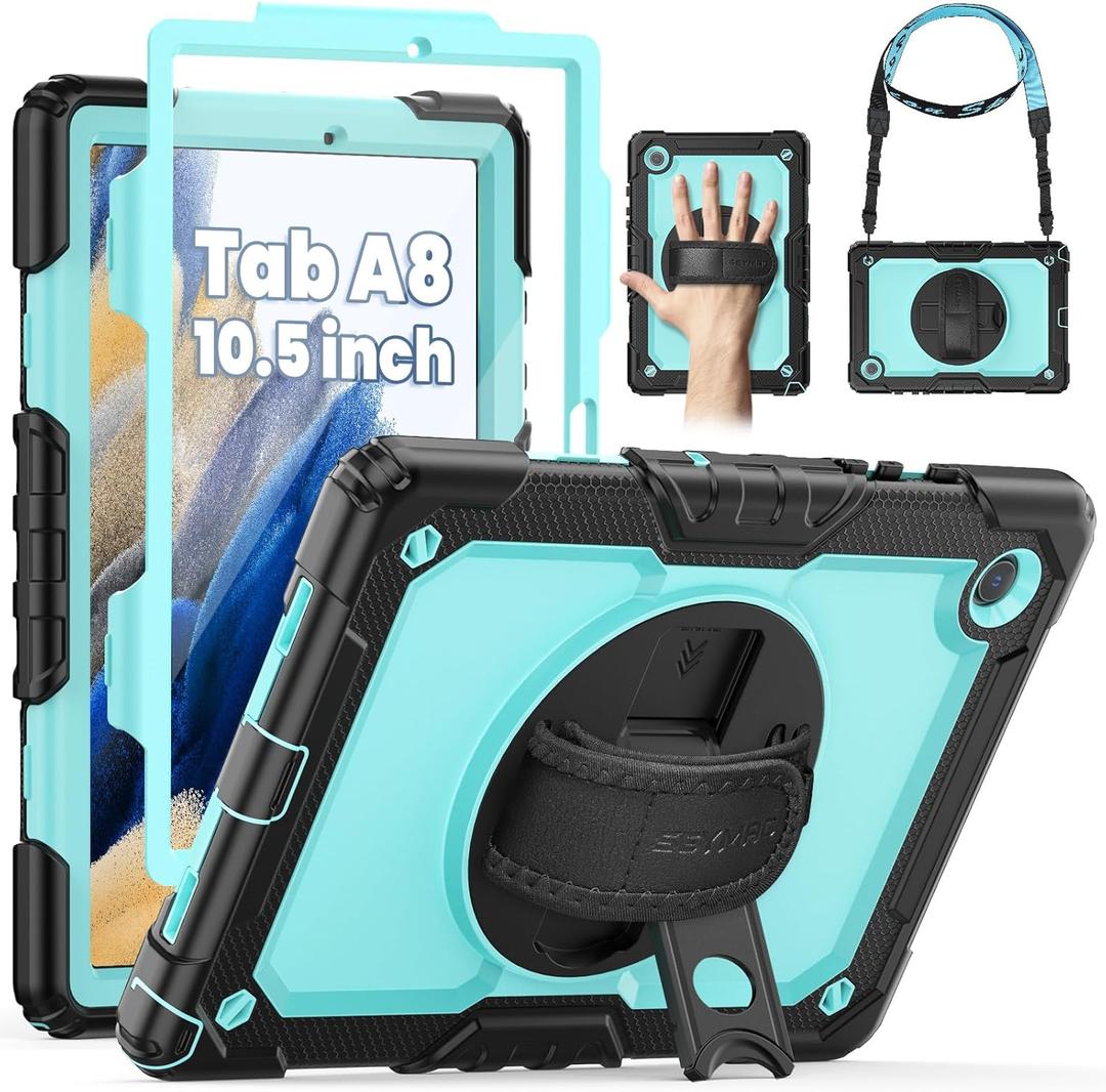 SEYMAC for Samsung Galaxy Tab A8 Case 10.5 (SM-X200/ X205/ X207), Heavy Duty Full-Body Shockproof Protective Case with Screen Protector, Rotating Stand, Hand/Shoulder Strap and Pen Holder, Sky Blue (Light Blue/ Black)
