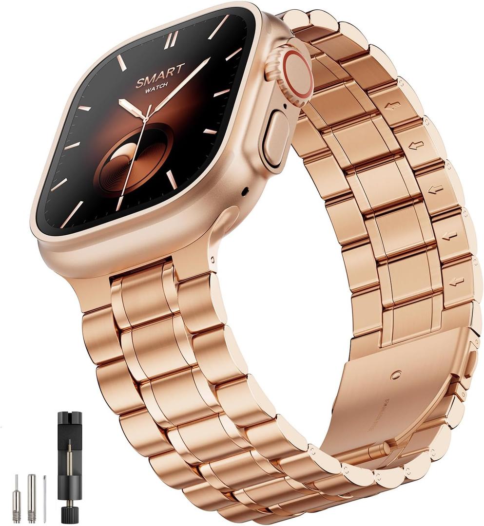 Bestig Compatible with Apple Watch Bands for Men Women 49mm 46mm 45mm 44mm 42mm(Series 3 2 1), Stainless Steel Metal Business Wristband Strap for iWatch Ultra Series 11 10 9 8 7 6 SE 5 4, Rose Gold