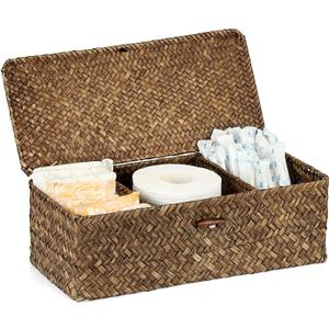 Sumnacon Seagrass Storage Basket with Lid Wicker Storage Baskets with Sections,Small Woven Shelf Basket for Toiletries Tampon, Seagrass Basket for Shelf Bathroom Toilet Table Counter,Coffee (Medium)