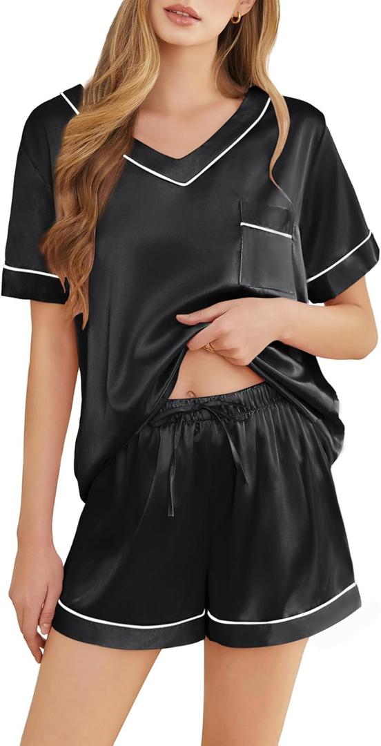 Silk Pajamas for Women Short Sleeve Satin 2 Piece Pj Set Soft V Neck Sleepwear Loungewear, S-XXL (Large, Black)