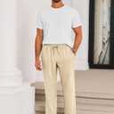 Runcati Mens Casual Pants Drawstring Elastic Waist Lightweight Cropped Linen Pants Summer Yoga Beach Trousers (Small, Beige)