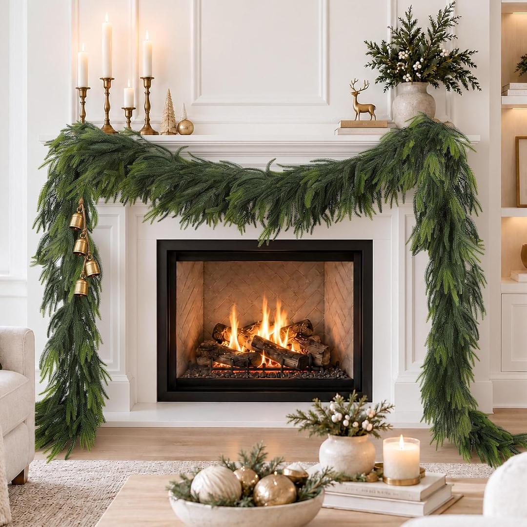 N&T NIETING 2 PCS Christmas Garland Norfolk Pine Garland Real Touch Faux Greenery Garlands Realistic Soft Garland for Mantle Fireplace Table Stair Holiday Winter Indoor Outdoor Xmas Decorations (9 FT)