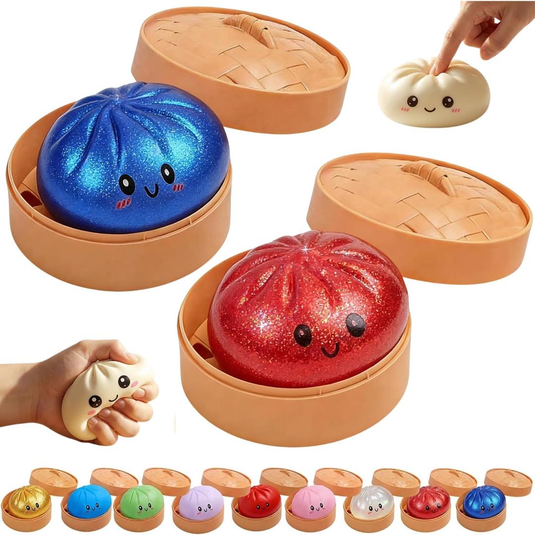 Dumpling Squishy, 2PCS Glitter Dumpling Squishy Toys, Squishiest Dumplings with Mystery Steamer Box, Stress & Anxiety Relief Toys for Kids & Adults Non-Edible (Glitter Red Blue)