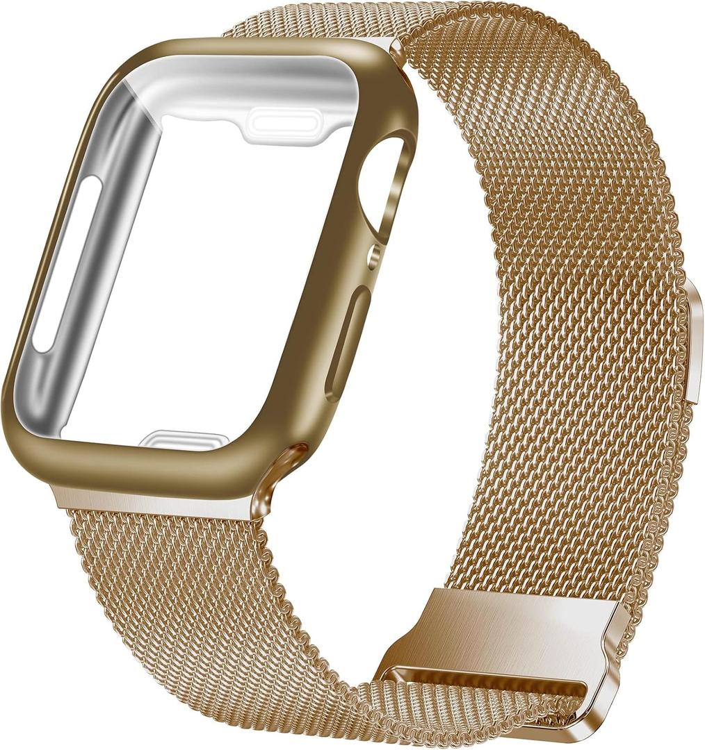 Geoumy Metal Magnetic Bands Compatible for Apple Watch Band 45mm with Case, Stainless Steel Milanese Loop Replacement Strap Compatible with iWatch Series SE 10-1 for Women Men,Light Gold