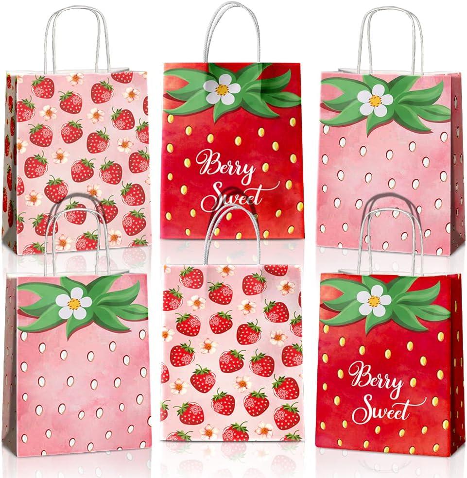 24 Pcs Strawberry Party Favor Bags With Handles - Berry Goodie Gift Bags for Kids, Kraft Paper for Birthday Party Supplies and Decorations