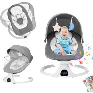 Automatic Baby Swing Chair with UV-Protective Canopy & Mosquito Net, Bluetooth Music Mobile with Stars, 5 Seat Positions, 5-Point Harness Belt, Portable for Indoor/Outdoor Use (Gray)