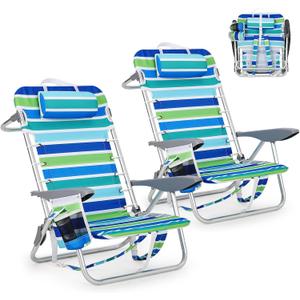 GarveeLife Backpack Beach Chair for Adults 2 Pack, Lightweight Portable Lay Flat Folding Beach Chair with 5 Positions, Backpack Straps, Phone Pocket, Cup Holder & Towel Bar, Support to 350LBS, Standard - 2 Pack