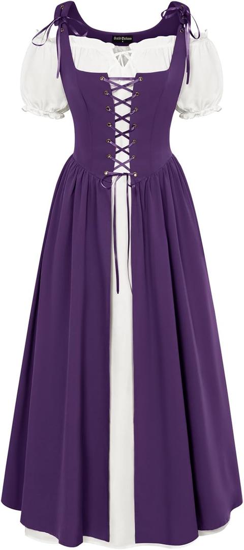 Scarlet Darkness Renaissance Costume Women Peasant Medieval Dress Short Sleeve Maxi Fairy Dresses with Pockets, 2XL