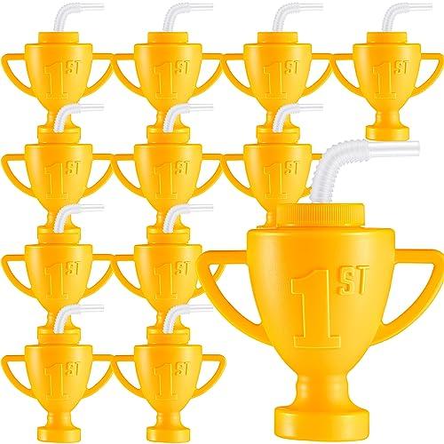 Amyhill 12 Pcs Race Car Trophy Cups With Straws and Lids 12 Oz Plastic Race Car Birthday Party Supplies And Favors For Kids Adults Props Rewards Winning Prizes Competitions (Gold)
