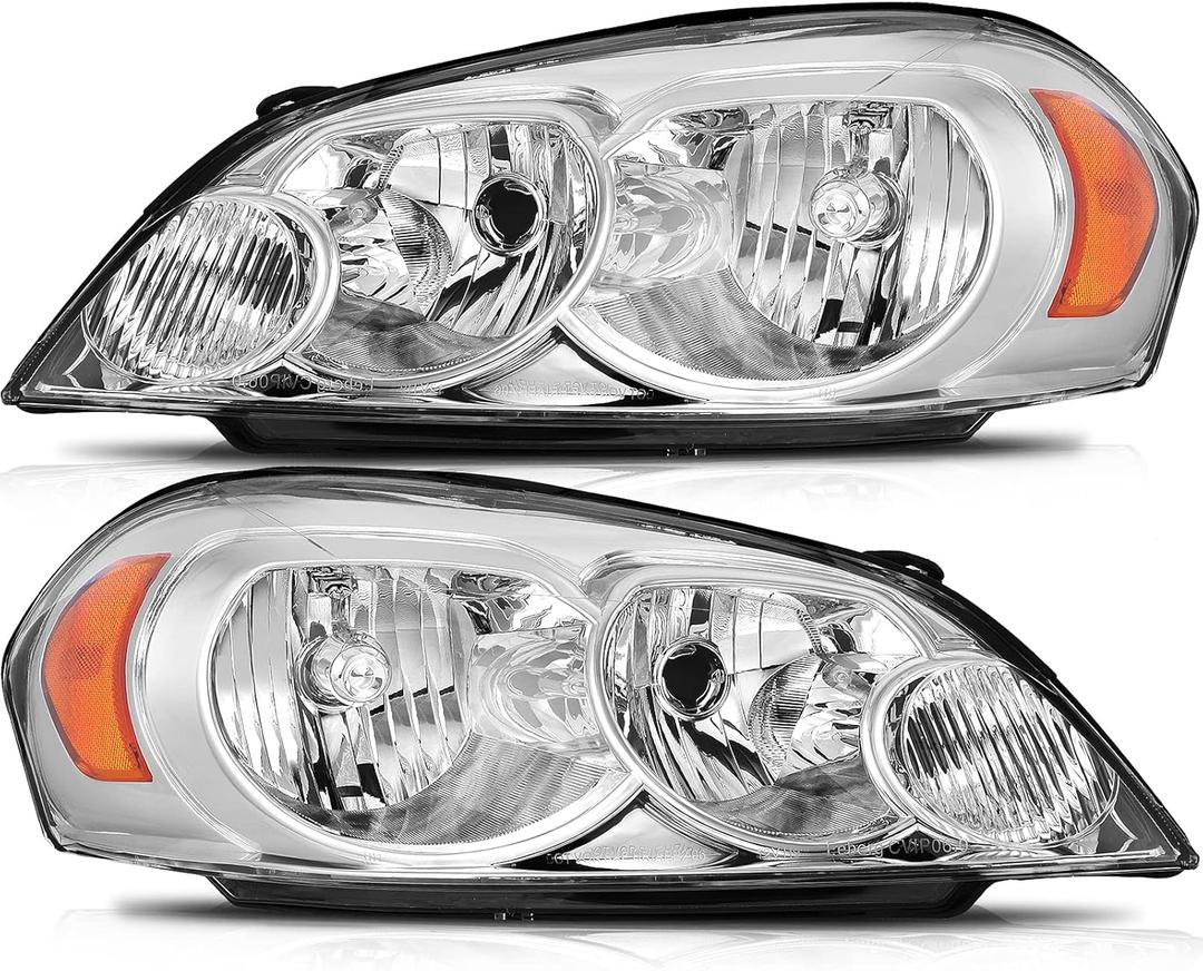 Headlight Assembly For Chevy Impala 2006-2013 For Chevy Impala Limited 2014-2016 For Chevy Monte Carlo 2006-2007 Chrome Housing Amber Reflector Clear Lens Driver and Passenger Side Headlamp