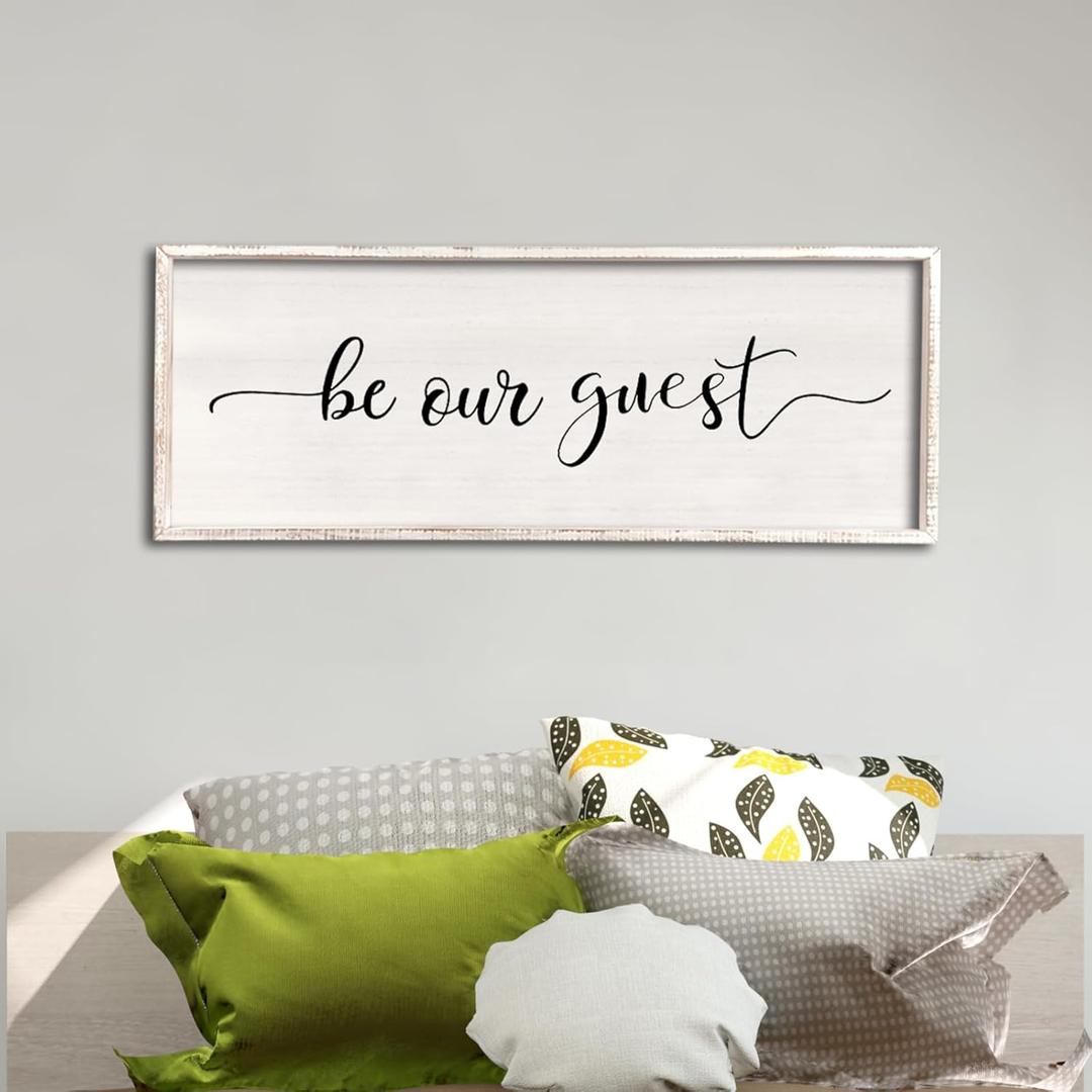 comurdyo Be Our Guest Wall Decor Sign 40”X15” Large Master Bedroom Above Bed Wall Decor Wood Framed Guest Room Sign Simple Rustic Farmhouse Over Bed Bedside Wall Art (White)