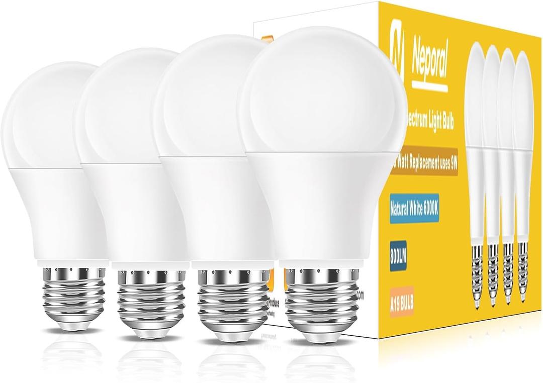 Full Spectrum Light Bulb, 6000K Natural Sunlight Bulbs, 9W 60W Equivalent LED Light Bulb, Natural Light Bulbs A19, E26/E27, 4 Pack