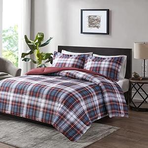 Madison Park Essentials Parkston Plaid Comforter, Matching Sham, 3M Scotchguard Stain Release Cover, Hypoallergenic All Season Bedding-Set, Full/Queen, Red, 3 Piece