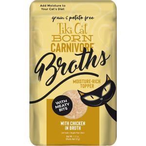 Tiki Cat Born Carnivore Broths, Chicken Recipe, Hydration and Flavor Supplement Cat Food Topper, 1.3 oz. Pouch (12 Count), Best By: 06/24/2026
