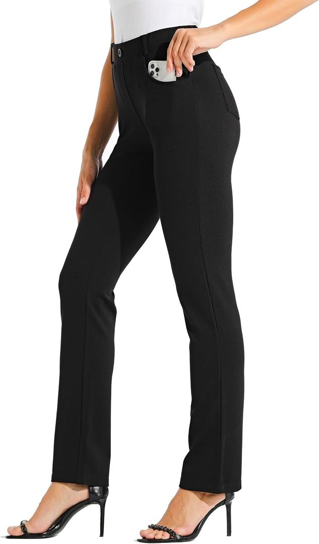 Willit Women's Yoga Dress Pants Straight Leg Work Slacks Stretchy Office Casual Pants 4 Pockets Belt Loops 29''/31''/33'' (Large, Black)