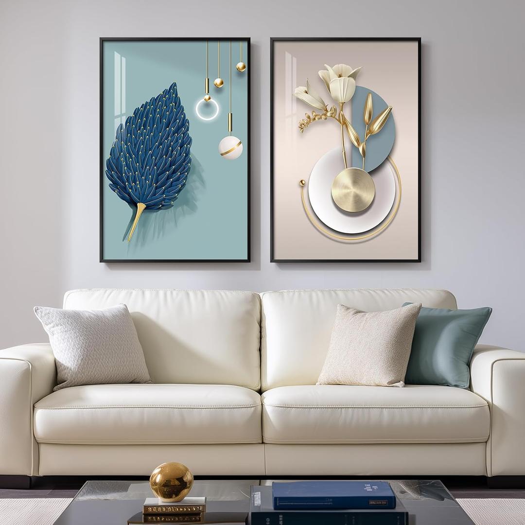Framed Modern Luxury Wall Art for Bedroom, Set of 2 Blue Modern Elegant Leaf Floral Artwork for Walls, Large Bright Style Art Prints with Black Frame for Living Room Office Kitchen Wall Decor, 20"x30", 20" W x 30" H x 2Pcs