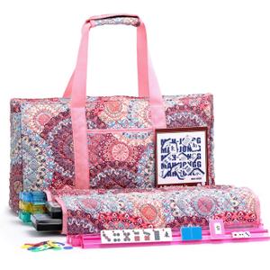 American Mahjong Tile Set with Pink Printed Carrying Bag, 166 Blue Tiles, 4 All-in-One Color Racks/Pushers, Mah Jongg Sets, Mahjong Game Set for Travel, Christmas, Birthday Gifts, 10.16 x 22.86 x 50.8 cm