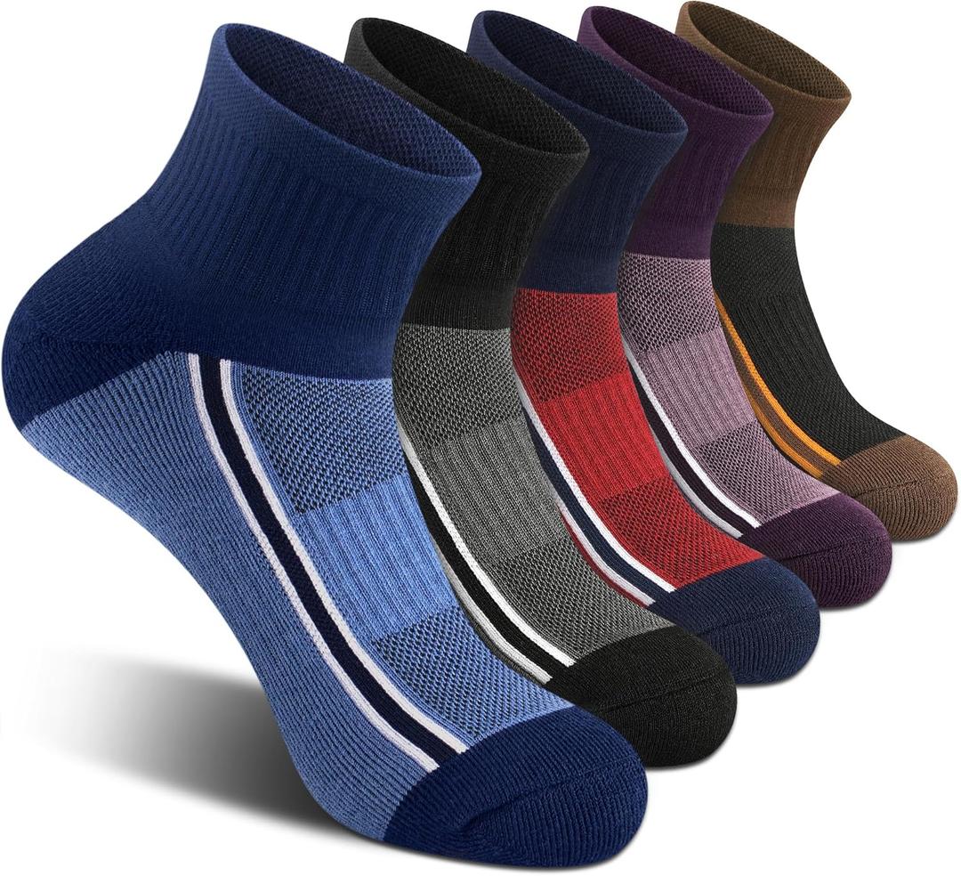 Gonii Mens Athletic Ankle Socks 5-Pairs - Blister Defense & Cushioned for Running, Hiking, Sports, Size: 12-15