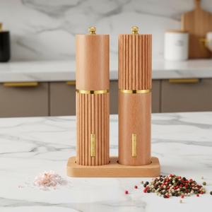 Wooden Salt and Pepper Grinder Set 8 Inch Manual Salt and Pepper Mill with Tray Adjustable Coarseness and Refillable Wood Grinders with Gold Bottle Label for Kitchen Gift (Wood Color)
