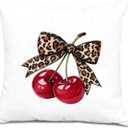 Trendy Leopard Cherry Pillow Covers 18x18, Coquette Girly Room Decor, Preppy Cheetah Print Bow Funky Cherry Decorative Throw Pillow Covers for Girls Bedroom Dorm Apartment Home (Colour 03)