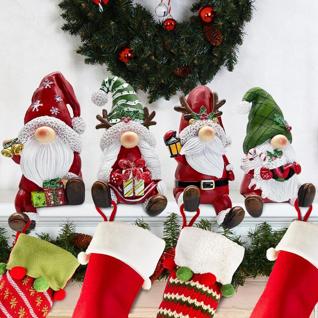 4 Pack Christmas Stocking Holders for Mantle, Gnome Stocking Hangers for Mantel, Christmas Stockings Hooks