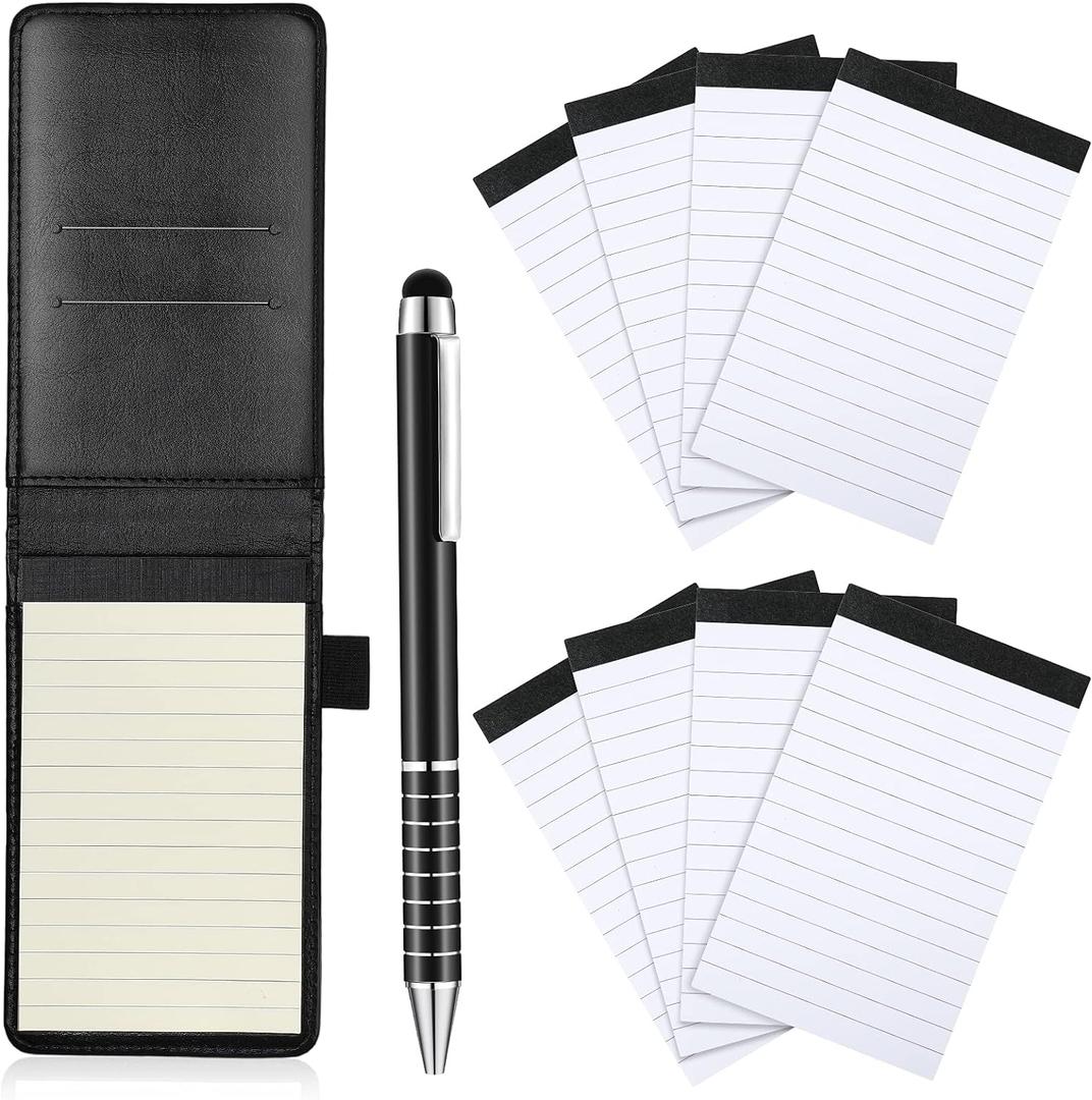 Outus 10 Pcs Mini Pocket Notepad Holder Set Included Small Leather Pocket Notebook Holder with 50 Lined Sheets, Metal Pen, 8 Pcs 3 x 5 Inch Memo Book Refills, 30 Lined Paper Per Note Pad (Black)