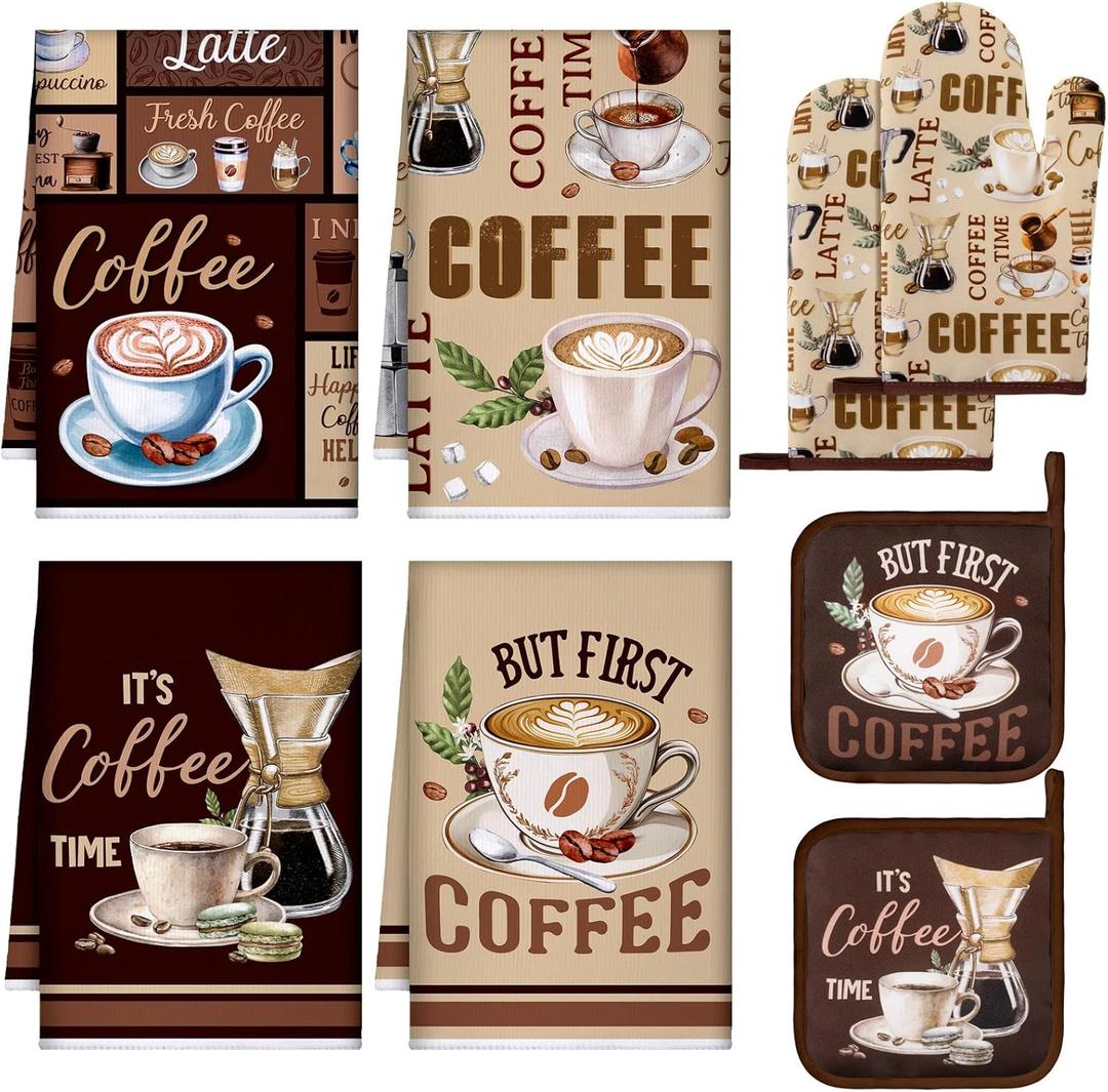8 Pcs Coffee Kitchen Towels and Dishcloths Sets Oven Mitts and Pot Holders Sets Absorbent Kitchen Gloves Potholders Heat Resistant for Chef Baking Cooking (Brown)