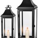 SwallowLiving Lantern Rustic Farmhouse Decor, Set of 2 Metal Candle Lantern with Glass Panels, Black Decorative Lanterns for Outdoor Indoor, Table, Fireplace, Patio, Christmas (Candle Not Included)