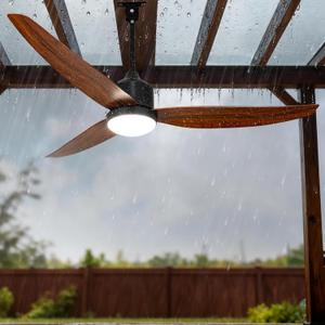 DLLT Outdoor Ceiling Fans with Light: 52" Walnut Plug in Ceiling Fans with Lights for Gazebo Patios Porch - Waterproof Hanging Fan with Remote APP Control Dimmable 3 Color Light 6-Speed DC Motor