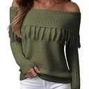 EVALESS Fall Sweater for Women Trendy 2025 Lightweight Sexy Off The Shoulder Knitted Pullover Tops Jungle Green M