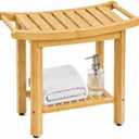 LGURT Bamboo Shower Bench, Rectangular Bathroom Stool, Non-Slip Wood Seat