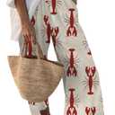 Women's Graphic Wide Leg Beach Pants Elastic Waist Boho Casual Trousers with Pockets (Beige, S)