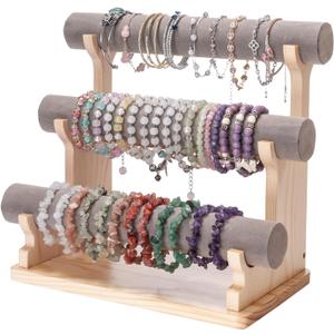 Velvet Bracelet Holder, 3 Tier Bracelet Organizer Display Holder for Women, Wooden Watch Holder Stand for Vendor Home, Bangles Display Stand for Scrunchies Bangles Storage Showcase, Grey