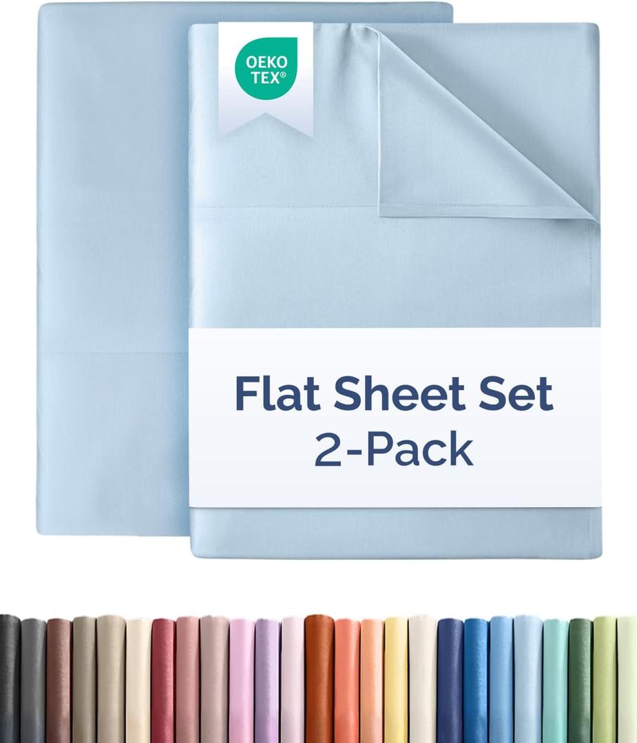 Full Size Flat Sheet -Pack of 2 Top Flat Bed Sheet Only -Ultra-Soft, Comfy, Breathable & Cooling -Hotel Quality, Fade & Wrinkle Free -Easy-Care, Stain & Shrink Resistant Bedding -Oeko-Tex -Light Blue