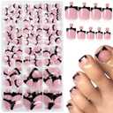 AddFavor Toe Nail Press ons - 150pcs Press on Toenails for Women, French Tip Toe Press on Nails Fake Toe Nail Tips Square Fake Toenails in 15 Sizes Full Cover Acrylic Toenail with Adhesive Tabs (Black French toenails C - Berry Pink Base)